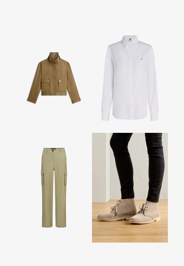 Khaki kort jakke med ståkrave, forlommer med knapper, lange ærmer og skjult frontlukning.; Hvid skjorte med lange ærmer og knapper, med spids krave og lille Tommy Hilfiger-logo på venstre bryst.; Khaki cargo bukser lavet af blødt stof. Har to sidelommer og knaplukning. Lige ben-design med en skræddersyet afslutning.; Beige ruskind ankelstøvler med en rund tå, snørebåndsdesign og kontrasterende syninger, båret med sorte tætsiddende bukser på et trægulv.