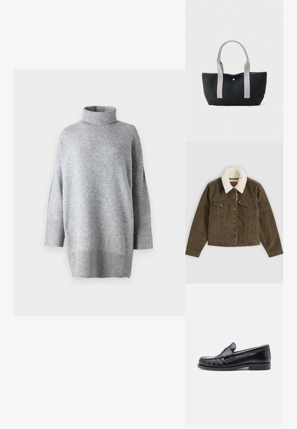 Braune Cordjacke mit weißem Sherpa-Kragen, Knopfverschluss, zwei Brusttaschen und zwei Seitentaschen, flach auf grauem Hintergrund dargestellt.; Grauer Rollkragenpullover aus strukturiertem Strickstoff, mit Dreiviertelärmeln und gerippten Bündchen, locker geschnitten und mit seitlichen Schlitzen.; Schwarze Leder-Loafer mit abgerundetem Zehenbereich, markanter Naht und einem dekorativen Riemen über dem Vorderblatt. Glatte Oberfläche und niedriger Absatz.; Schwarze Tragetasche mit breiten, weißen, strukturierten Griffen und einem einzelnen zentralen Knopfverschluss, dargestellt vor einem schlichten hellen Hintergrund.