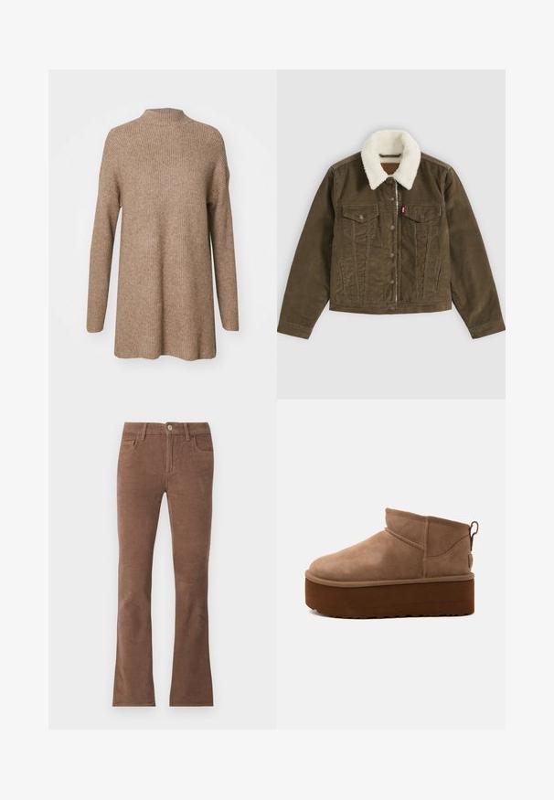 Bruine corduroy jas met witte sherpa kraag, knoopsluitingen, twee borstzakken en twee zijzakken, plat getoond op een grijze achtergrond.; Bruine geribde trui met een hoge hals, lange mouwen en een relaxed fit. Gemaakt van een zachte, textuurrijke stof.; Bruine corduroybroeken met knoop- en ritssluiting, vijfzakkenstijl en licht uitlopende pijpen.; Halve hoogte bruine suède instapschoen met dikke plateauzool en een trek-lus aan de achterkant tegen een lichte achtergrond.
