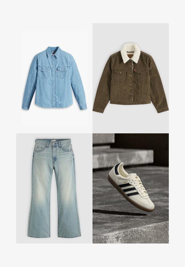 Braune Cordjacke mit weißem Sherpa-Kragen, Knopfverschluss, zwei Brusttaschen und zwei Seitentaschen, flach auf grauem Hintergrund dargestellt.; Helles blaues Denimhemd mit langen Ärmeln, spitzem Kragen, zwei Brusttaschen, Knopfleiste und subtiler Struktur. Keine sichtbaren Muster.; Hellblaue Denim-Jeans mit hoher Taille, vorderem Knopf und Reißverschluss, fünf Taschen und leicht ausgestellten Beinen.; Weißer Adidas Samba Sneaker mit schwarzen Streifen und Gummisohle, schwebend über strukturierten grauen Betontreppen.