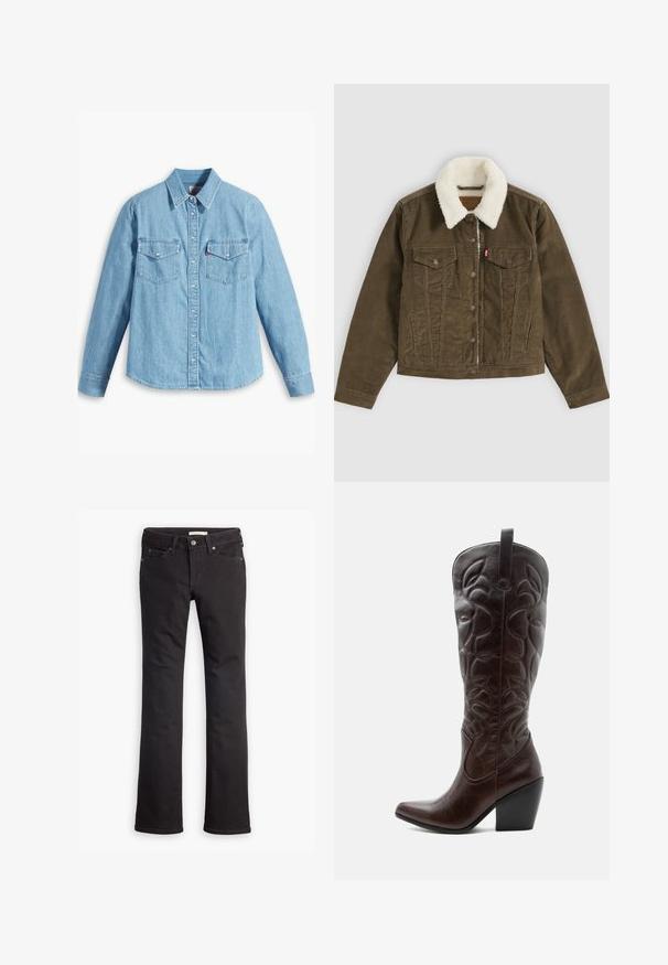 Braune Cordjacke mit weißem Sherpa-Kragen, Knopfverschluss, zwei Brusttaschen und zwei Seitentaschen, flach auf grauem Hintergrund dargestellt.; Helles blaues Denimhemd mit langen Ärmeln, spitzem Kragen, zwei Brusttaschen, Knopfleiste und subtiler Struktur. Keine sichtbaren Muster.; Schwarze Jeans aus Denim mit geradem Bein, normaler Taille, fünf Taschen und dezenten Steppdetails.; Hoher dunkelbrauner Leder-Cowboystiefel mit gestickten dekorativen Mustern, spitzer Spitze und gestapeltem Blockabsatz.