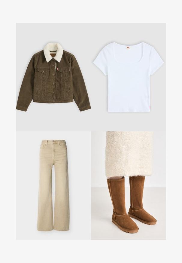 Bruine corduroy jas met witte sherpa kraag, knoopsluitingen, twee borstzakken en twee zijzakken, plat getoond op een grijze achtergrond.; Witte korte mouwtop met een vierkante halslijn, gemaakt van ribbelstructuur stof. Heeft een klein rood logo etiket aan de onderkant aan de linkerkant.; Beige jeans met hoge taille en wijde pijpen, voorzien van knopen en rits aan de voorkant, voor- en achterzakken, en riemlussen, afgebeeld op een witte achtergrond.; Knee-high bruine suède laarzen met een gladde textuur, voorzien van zijstiksels en een rubberen zool voor grip.