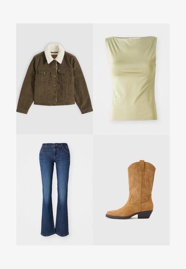 Veste en velours côtelé marron avec col sherpa blanc, fermeture à boutons, deux poches poitrine et deux poches latérales, présentée à plat sur fond gris.; Haut sans manches vert clair en tissu lisse, avec un col rond et une silhouette ajustée dotée de coutures latérales discrètes.; Jean en denim évasé avec un lavage bleu moyen, présentant une texture lisse, une taille mi-haute et un design traditionnel à cinq poches avec des accents en métal.; Botte de cowboy en daim beige avec un bout pointu, une couture décorative en motif tourbillonnant, un talon moyen et une languette pour faciliter l'enfilage.