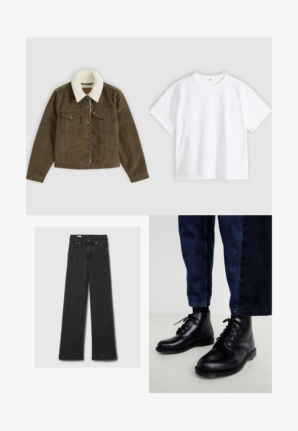 Bruine corduroy jas met witte sherpa kraag, knoopsluitingen, twee borstzakken en twee zijzakken, plat getoond op een grijze achtergrond.; Wit katoenen t-shirt met korte mouwen, ronde hals, losse pasvorm, gladde textuur en een klein logolabel aan de linker zijnnaad.; Zwarte high-waisted straight-leg jeans met vijf zakken en koperen klinknagels, plat gelegd op een lichtgrijze achtergrond.; Zwarte leren enkellaarzen met ronde neuzen, een vetersluiting, zilveren veteroogjes en getextureerde zolen, gecombineerd met donkerblauwe spijkerbroeken.