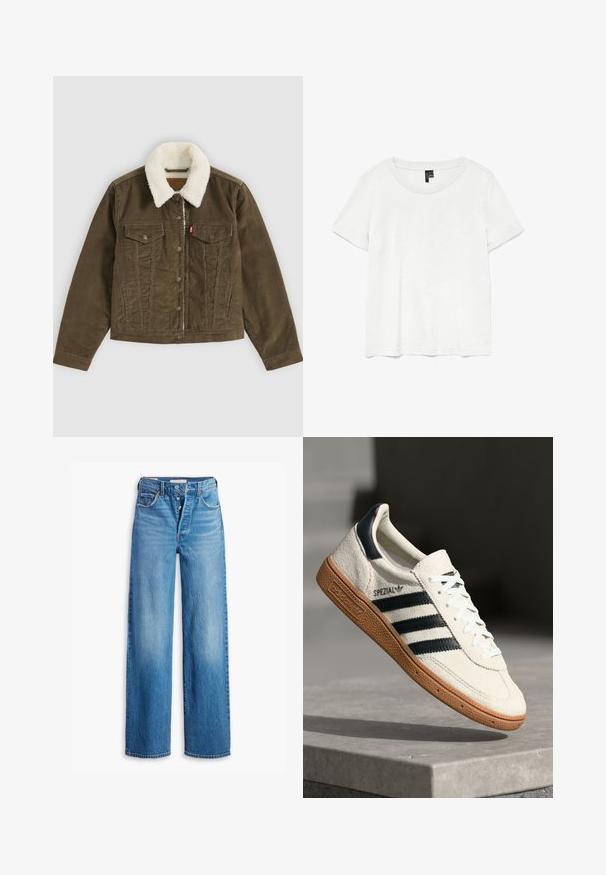 Braune Cordjacke mit weißem Sherpa-Kragen, Knopfverschluss, zwei Brusttaschen und zwei Seitentaschen, flach auf grauem Hintergrund dargestellt.; Weißes T-Shirt mit kurzen Ärmeln und rundem Ausschnitt, hergestellt aus leichtem Stoff. Schlichtes Design, glatte Textur und gerader Saum.; Blaue Denim-Jeans mit hoher Taille, weitem Bein-Design und Fünf-Taschen-Stil. Sie verfügen über einen Knopfverschluss und ein verwaschenes Finish.; Weiße Wildleder-Sneaker mit marineblauen Streifen, Gummisohle, strukturiertem Obermaterial, runder Zehenform und Schnürung; mit Branding an der Seite und auf der Zunge.