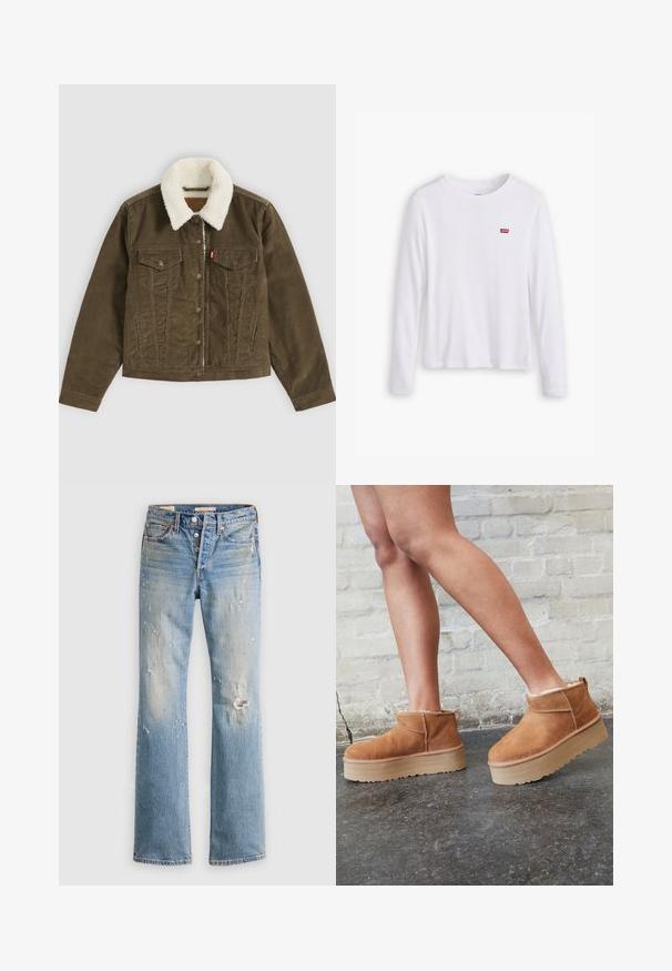 Bruine corduroy jas met witte sherpa kraag, knoopsluitingen, twee borstzakken en twee zijzakken, plat getoond op een grijze achtergrond.; Witte lange mouwen shirt van zachte katoen. Bevat een klein rood Levi's logo op de linkerborst. Klassiek ronde hals ontwerp.; Lichtblauwe versleten jeans met knoopsluiting, lichte vervaging en een kleine scheur bij de rechterknie, plat gelegd op een witte achtergrond.; Bruine suède enkelboots met een zachte voering, dikke beige plateauzool en een achterste lus. Getextureerde oppervlakte met zichtbare stiksels.