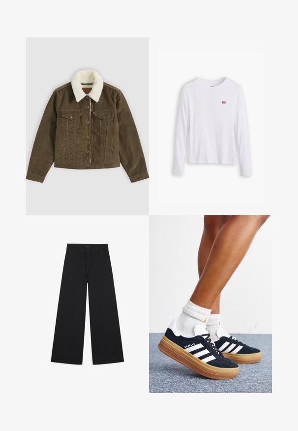 Bruine corduroy jas met witte sherpa kraag, knoopsluitingen, twee borstzakken en twee zijzakken, plat getoond op een grijze achtergrond.; Witte lange mouwen shirt van zachte katoen. Bevat een klein rood Levi's logo op de linkerborst. Klassiek ronde hals ontwerp.; Zwarte brede broek gemaakt van een zachte, geweven stof. Heeft persplooien, ceintuurlussen en een nette, op maat gemaakte afwerking.; Ben met witte sokken en zwarte Adidas Gazelle sneakers met witte strepen en dikke bruine zolen op een grijs tapijt.