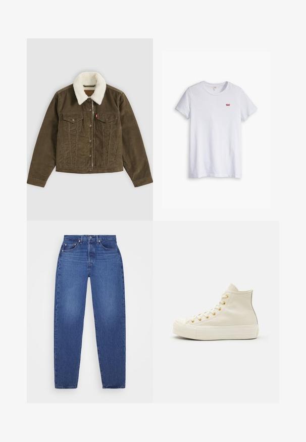 Bruine corduroy jas met witte sherpa kraag, knoopsluitingen, twee borstzakken en twee zijzakken, plat getoond op een grijze achtergrond.; Witte katoenen t-shirt met korte mouwen en een ronde hals. Bevat een klein rood Levi's-logo op de linkerborst.; Blauwe denim jeans met een rechte pijp, vijf zakken, koperen klinknagels en een vervaagde structuur. Klassieke taille met een rits sluiting.; Hoge sneakers van crèmekleurig leer met gouden oogjes en een gestructureerde afwerking. Voorzien van een rubberen zool en een ronde neus.