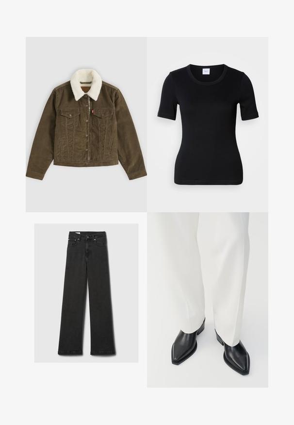 Braune Cordjacke mit weißem Sherpa-Kragen, Knopfverschluss, zwei Brusttaschen und zwei Seitentaschen, flach auf grauem Hintergrund dargestellt.; Schwarzes kurzärmeliges T-Shirt aus weicher Baumwolle. Verfügt über einen runden Ausschnitt und eine schlanke Passform mit minimalen Nahtdetails.; Schwarz-hochgeschnittene gerade Jeans mit fünf Taschen und kupferfarbenen Nieten, flach auf einem hellgrauen Hintergrund ausgelegt.; Schwarze spitz zulaufende Stiefeletten aus glattem Leder mit flachen Blockabsätzen, kombiniert mit weißen, weiten Hosen. Schlichtes und modernes Design.