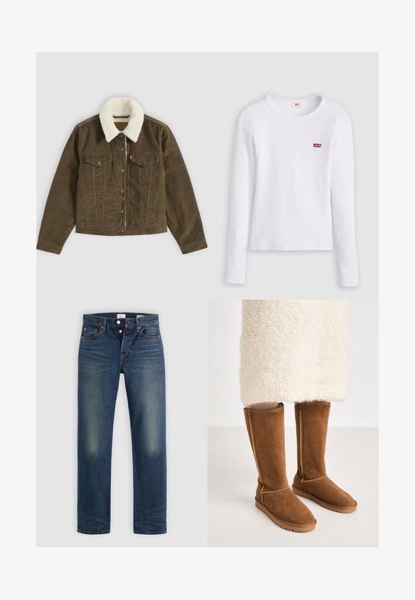 Bruine corduroy jas met witte sherpa kraag, knoopsluitingen, twee borstzakken en twee zijzakken, plat getoond op een grijze achtergrond.; Wit Levi's shirt met lange mouwen, ronde hals en klein rood Levi's-logo op de linkerborst, afgebeeld op een effen achtergrond.; Blauwe denim jeans met een klassiek recht model, knoopsluiting en lichte vervaging op de bovenbenen. Geen zichtbare versieringen.; Knee-high bruine suède laarzen met een gladde textuur, voorzien van zijstiksels en een rubberen zool voor grip.