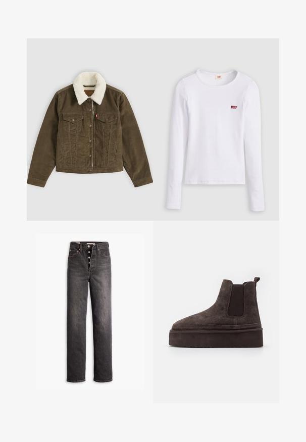 Braune Cordjacke mit weißem Sherpa-Kragen, Knopfverschluss, zwei Brusttaschen und zwei Seitentaschen, flach auf grauem Hintergrund dargestellt.; Weißes Levi's Langarmshirt mit Rundhalsausschnitt und kleinem rotem Levi's Logo auf der linken Brust, dargestellt vor einfarbigem Hintergrund.; Schwarze hochgeschnittene Jeans mit geradem Bein, aus Denim gefertigt. Verfügt über einen Knopfverschluss, Kupferakzente und Kontrastnähte.; Braune Wildleder Chelsea-Stiefel mit elastischen Seitenpaneelen und einer dicken, strukturierten Plattformsohle. Mit einem Ziehband an der Ferse für ein einfaches An- und Ausziehen.