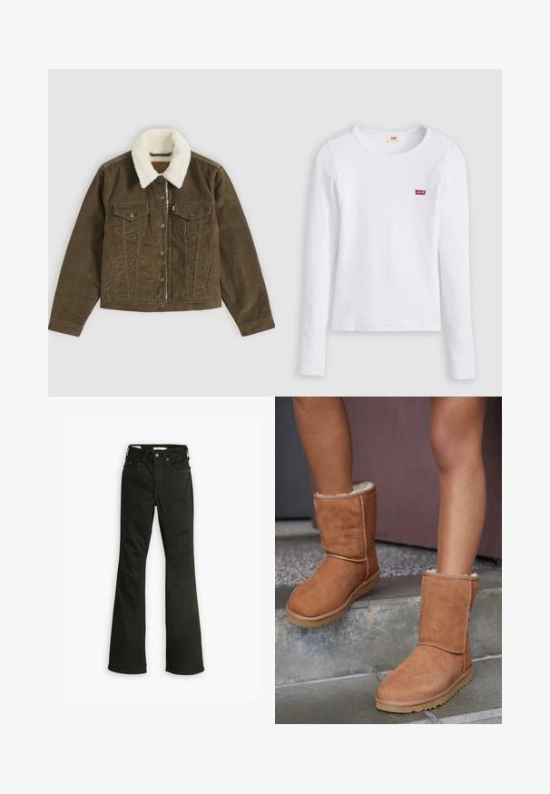 Bruine corduroy jas met witte sherpa kraag, knoopsluitingen, twee borstzakken en twee zijzakken, plat getoond op een grijze achtergrond.; Wit Levi's shirt met lange mouwen, ronde hals en klein rood Levi's-logo op de linkerborst, afgebeeld op een effen achtergrond.; Zwarte flare jeans van denim. Beschikt over een klassiek vijf-pocket ontwerp met een ritssluiting, stevige stiksels en een schone zoom.; Bruine suède enkellaarsjes met een ronde neus, zachte voering en een rubberen zool, met zichtbaar stiksel langs de naden.