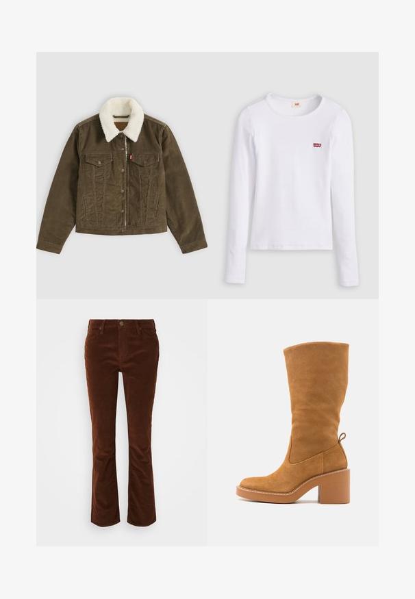 Braune Cordjacke mit weißem Sherpa-Kragen, Knopfverschluss, zwei Brusttaschen und zwei Seitentaschen, flach auf grauem Hintergrund dargestellt.; Weißes Levi's Langarmshirt mit Rundhalsausschnitt und kleinem rotem Levi's Logo auf der linken Brust, dargestellt vor einfarbigem Hintergrund.; Braune Corduroy-Hosen mit weitem Beinschnitt und glatter Textur, mit Reißverschluss und Knopfverschluss sowie klassischem Fünf-Taschen-Design.; Hohe, sandfarbene Wildleder-Booties mit Blockabsatz, abgerundeter Zehenpartie, seitlichen Nähten und einer Schlaufe auf der Rückseite. Glatte Textur und klassisches Design.