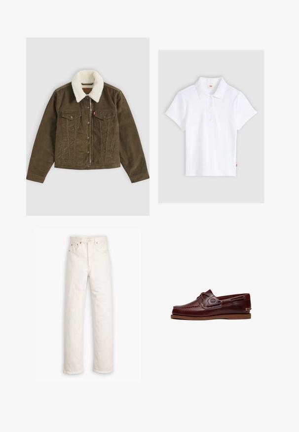 Veste en velours côtelé marron avec col sherpa blanc, fermeture à boutons, deux poches poitrine et deux poches latérales, présentée à plat sur fond gris.; Polo blanc à manches courtes en maille côtelée avec col et quatre boutons, étalé à plat sur un fond gris clair.; Jeans en denim blanc avec un design à jambe droite, style cinq poches et accents en métal cuivré. Finition effilochée au niveau des chevilles.; Chaussure bateau en cuir marron avec lacets, détails de couture et logo Timberland sur le côté, présentée sur un fond blanc.