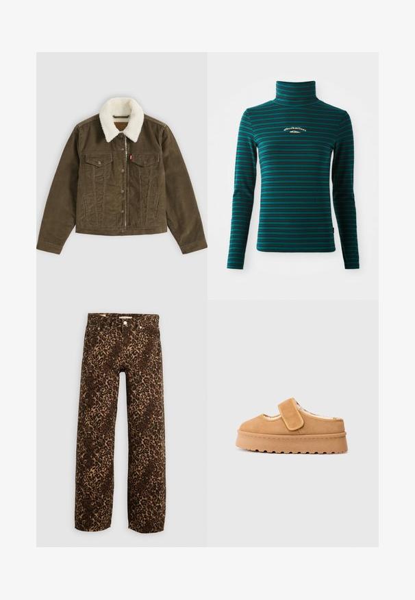 Ruskea samettitakki valkoisella sherpa-kauluksella, nappikiinnitys, kaksi rintataskua ja kaksi sivutaskua, esitetty tasaisena harmaalla taustalla.; Pitkähihaisen turtleneck-paitaan teal-värissä, jossa on tummansinisiä vaakaraitoja. Rinnassa pieni valkoinen ja kultainen logo. Pehmeä ja joustava kangas.; Leopardikuvioiset leveälahkeiset farkut ruskeassa ja vaaleassa sävyssä. Valmistettu denimistä, klassisella viidellä taskulla ja metallisilla yksityiskohdilla.; Ruskea nappa-nahkainen liukupohjakenkä, jossa on tarranauha, pyöreä kärki ja paksu alusta, jossa on teksturoitu kumipohja.
