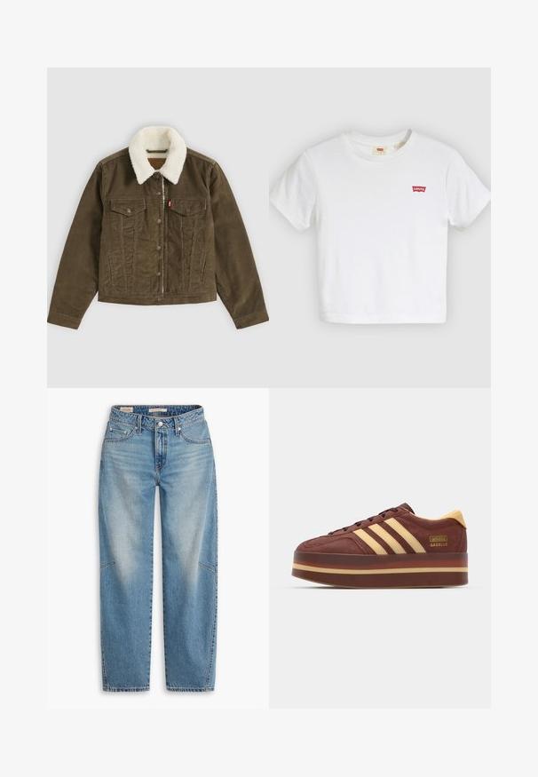 Chaqueta de pana marrón con cuello sherpa blanco, cierre de botones, dos bolsillos en el pecho y dos bolsillos laterales, mostrada plana sobre un fondo gris.; Camiseta blanca de manga corta con cuello redondo y pequeño logo rojo de Levi's en el pecho izquierdo.; Jeans de mezclilla azul claro con un ajuste holgado, diseño de pierna recta, bragueta de botones y estilo de cinco bolsillos, con sutiles detalles de desteñido y costuras.; Zapatillas de ante marrón con detalles amarillos, que cuentan con tres rayas laterales, una suela gruesa y un detalle del logo en dorado.