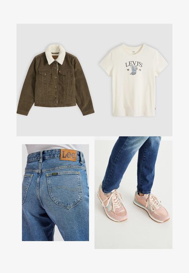 Veste en velours côtelé marron avec col sherpa blanc, fermeture à boutons, deux poches poitrine et deux poches latérales, présentée à plat sur fond gris.; T-shirt blanc à manches courtes Levi's avec un motif de bottes de cowboy bleues et "LEVI'S 1873" imprimé sur la poitrine.; Jean bleu en denim avec poches arrière présentant des surpiqûres jaunes et une écusson en cuir marron de la marque Lee sur la ceinture.; Baskets roses en matières suédé et cuir, avec des accents bleu clair, bout arrondi et semelles en caoutchouc blanches. Les lacets sont beige.