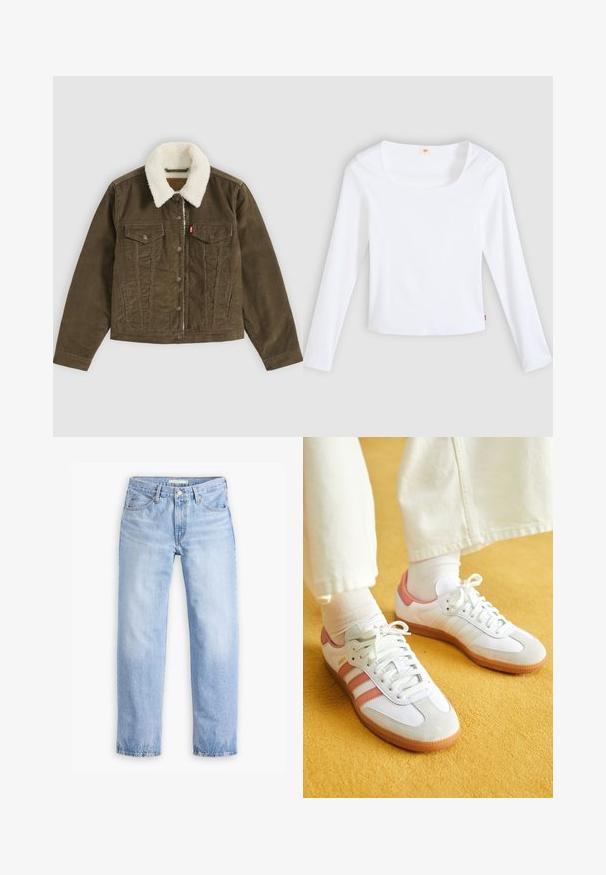 Bruine corduroy jas met witte sherpa kraag, knoopsluitingen, twee borstzakken en twee zijzakken, plat getoond op een grijze achtergrond.; Witte longsleeve t-shirt van geribbelde stof, met een vierkante halslijn en een aansluitend model, voorzien van een klein logotag aan de zijkant.; Lichtblauwe denim jeans met een rechte pijp, vijf zakken en een middelhoge taille. Heeft een vervaagde textuur en een gestikte zoom.; Witte sportschoenen met roze accenten, gemaakt van suede en leer, met een ronde neus en een rubberen zool, weergegeven met lichtgekleurde sokken op een gele achtergrond.
