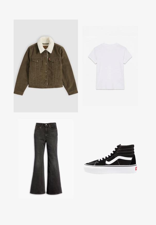 Bruine corduroy jas met witte sherpa kraag, knoopsluitingen, twee borstzakken en twee zijzakken, plat getoond op een grijze achtergrond.; Effen wit katoenen T-shirt met korte mouwen en ronde hals, plat gelegd op een witte achtergrond.; Zwarte high-waisted denim jeans met een flared leg, vijf-pocket ontwerp en koperen klinknagels.; Zwarte high-top sneakers met witte veters, een wit logo en contrasterende witte stiksels. Heeft een dikke witte zool en een bovenwerk van gestructureerd suede.