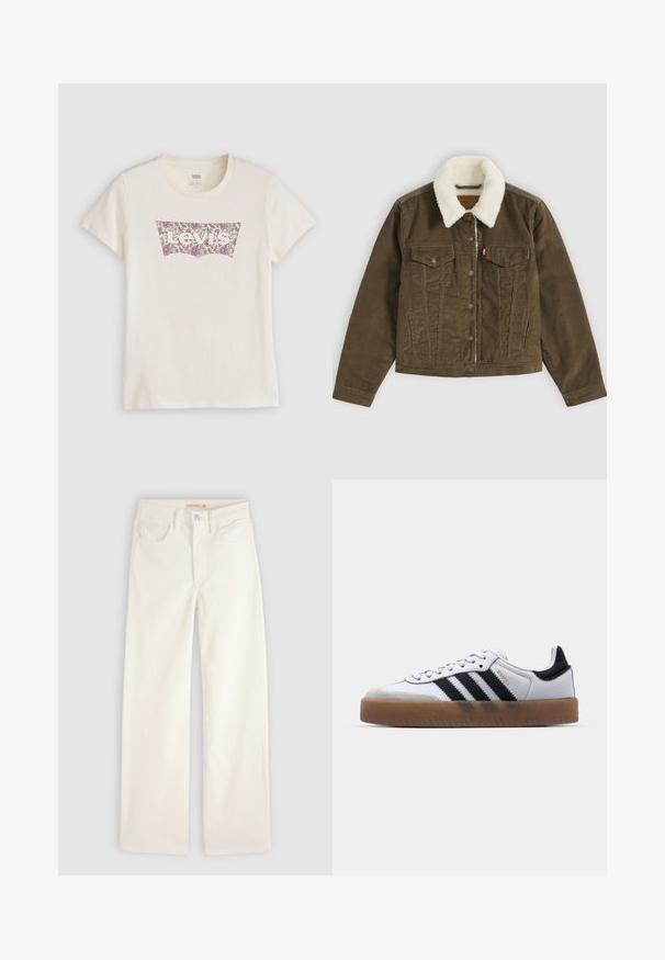 Veste en velours côtelé marron avec col sherpa blanc, fermeture à boutons, deux poches poitrine et deux poches latérales, présentée à plat sur fond gris.; T-shirt Levi's couleur crème avec un logo à motif floral en violet et blanc sur la poitrine, manches courtes et col rond.; Jean droit écru avec poches avant, passants pour ceinture et fermeture par bouton sur un fond uni.; Baskets en cuir blanc avec des rayures noires, semelle extérieure en caoutchouc beige, bout rond, fermeture lacée et embout en suède gris doux.