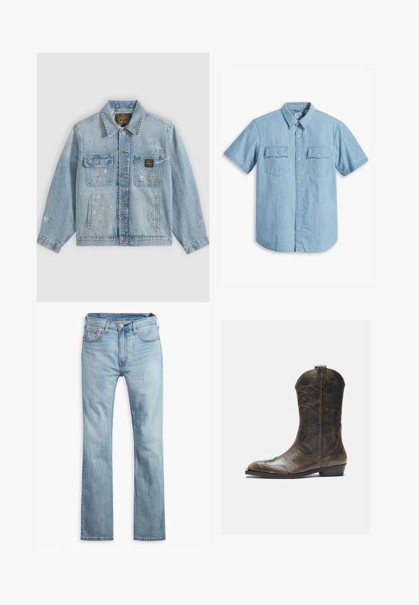 Hellblaue Jeansjacke mit Knopfleiste vorne, zwei Brusttaschen, Seitentaschen und abgenutzten Farbspritz-Details an Ärmeln und Vorderseite.; Himmelblaues kurzärmliges Hemd mit Knopfleiste aus Denim, ausgestattet mit zwei Brusttaschen mit vertikaler Naht und klassischem Kragen.; Hellblaue Jeans aus Denim, mit geradem Bein, fünf Taschen, kontrastierenden Nähten und einem Knopfverschluss am Bund.; Braune Leder-Cowboystiefel mit hohem Schaft, spitzem Zehenbereich, aufwendigen Stickmustern und kleinem Absatz. Strukturierte Oberflächenbeschaffenheit.