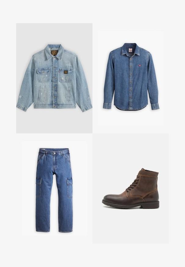 Lyseblå denimjakke med knapper foran, to brystlommer, sidelommer og slidte malingsprøjt detaljer på ærmer og front.; Denimskjorte i mørkeblå med skjortekrave, lange ærmer, stikninger og et lille rødt logo på brystlommen.; Blå denim cargo bukser med lige ben-design, to sidelommer og synlige sømdetaljer. Generelt en afslappet og funktionel stil.; Jack & Jones JFWDELANEY BOOT - Snørestøvletter - cognac