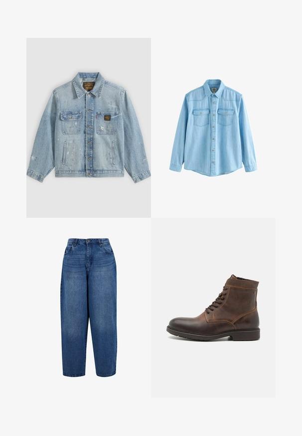 Hellblaue Jeansjacke mit Knopfleiste vorne, zwei Brusttaschen, Seitentaschen und abgenutzten Farbspritz-Details an Ärmeln und Vorderseite.; Hellblaues langärmeliges Jeanshemd mit Knopfleiste vorne und zwei Brusttaschen mit Knopflaschenklappen.; Hoch taillierte, gerade geschnittene Jeans aus mittelblauem Denim. Mit Fünf-Taschen-Design, Metallknopfverschluss und doppelt genähtem Saum.; Jack & Jones JFWDELANEY BOOT - Schnürstiefelette - cognac