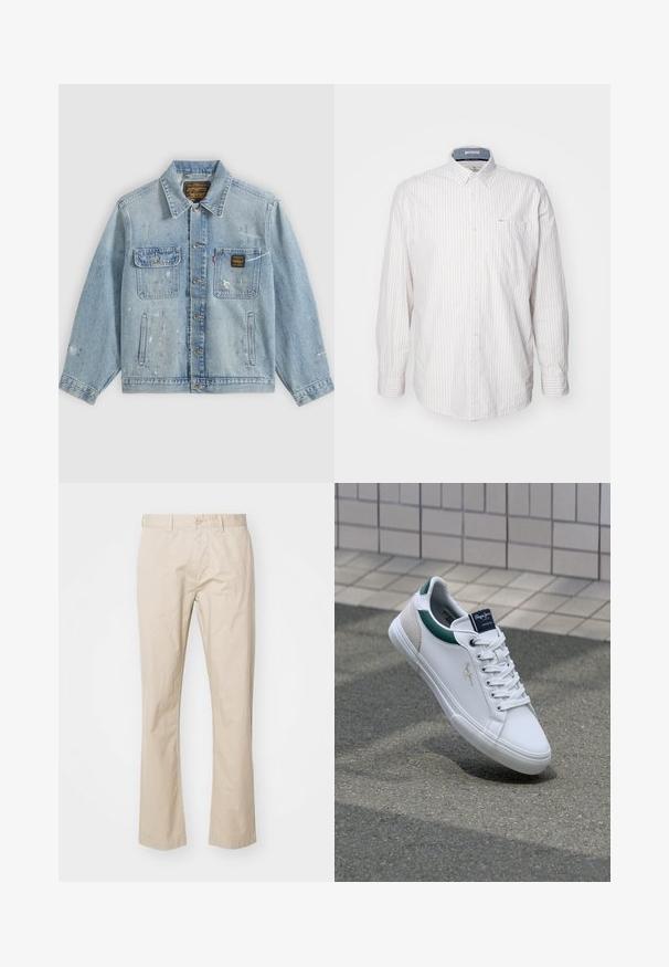 Lyseblå denimjakke med knapper foran, to brystlommer, sidelommer og slidte malingsprøjt detaljer på ærmer og front.; Lysfarvet langærmet skjorte med tynde lodrette striber. Har en button-down krave og en brystlomme. Lavet af et tekstureret stof.; Beige bomulds-chinos med lige ben, der har en knaplukning og diskrete folder for tekstur. Glat stof og rene linjer.; Hvide lædersneakers med grønne og beige accenter, der har en tekstureret sål, rund tå og traditionelt snørrebåndsdesign.