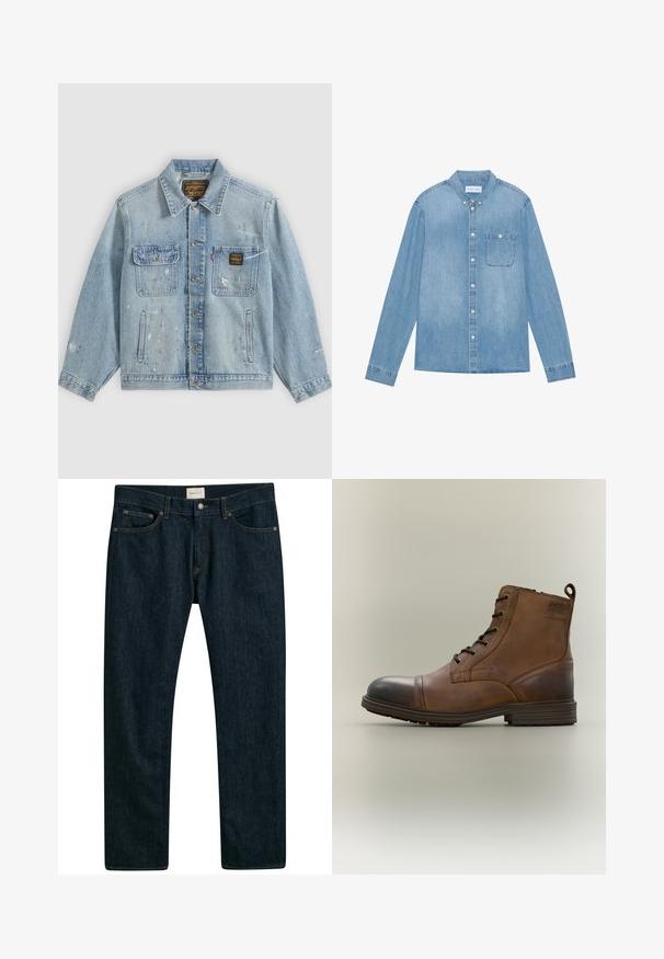 Lyseblå denimjakke med knapper foran, to brystlommer, sidelommer og slidte malingsprøjt detaljer på ærmer og front.; Lys blå denim skjorte med knapper, lange ærmer, spids krave, en enkelt brystlomme og subtil falmning på stoffet.; Mørkeblå denim jeans med lige ben, fem lomme styling og kontrastsyet på sømmene. Glat stoftekstur.; Brun læderstøvle med snørebånd, sort tåhætte, rund sål og mærket detalje på siden mod ensfarvet baggrund.
