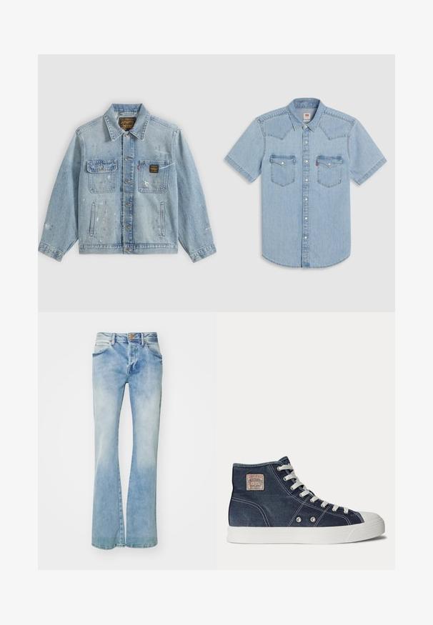 Lyseblå denimjakke med knapper foran, to brystlommer, sidelommer og slidte malingsprøjt detaljer på ærmer og front.; Lyseblå kortærmet denimskjorte med spidst skulderstykke, to brystlommer og perlemorsknapper med tryk. Blød tekstur og afslappet pasform.; Lysblå flagrende jeans lavet af denim, med en falmet vask, forlommer, bæltestropper og en kobberknaplukning.; Marineblå højtop-sneaker med hvide snørebånd, hvid gummisål, metaløjer og et lille beige mærke på ankelen.