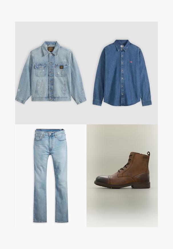 Lyseblå denimjakke med knapper foran, to brystlommer, sidelommer og slidte malingsprøjt detaljer på ærmer og front.; Langærmet blå denimskjorte med krave og beige knapper, med et lille rødt Levi's logo på venstre bryst.; Lyseblå denim jeans, lige pasform, med fem lommer, kontrastsyning og knaplukning i taljen.; Brun læderstøvle med snørebånd, sort tåhætte, rund sål og mærket detalje på siden mod ensfarvet baggrund.