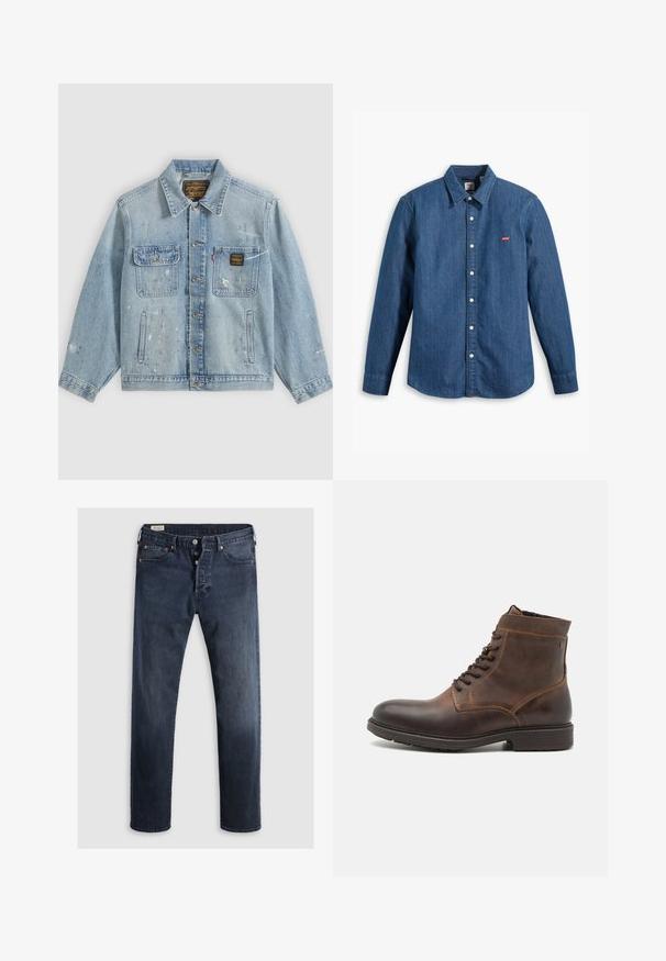 Veste en denim bleu clair avec fermeture à boutons, deux poches poitrine, poches latérales et détails usés avec éclaboussures de peinture sur les manches et le devant.; Chemise en denim bleu foncé à manches longues, avec col et fermeture à boutons. Présente un petit logo rouge Levi's sur la poitrine. Texture lisse.; Jeans en denim bleu foncé avec une coupe droite, dotés d'un zip et de boutons en métal, ainsi que d'accents de rivets en cuivre. Texture lisse, sans motifs visibles.; Jack & Jones JFWDELANEY BOOT - Bottines à lacets - cognac