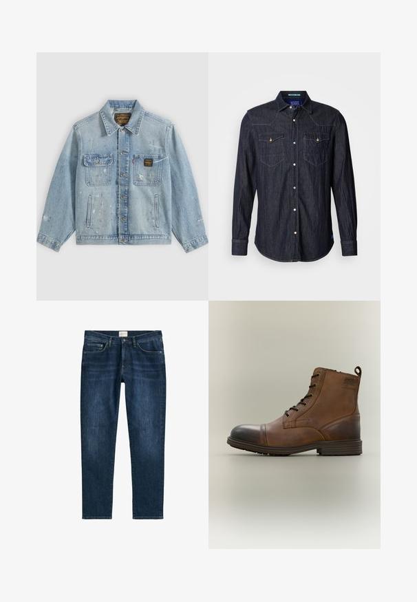 Hellblaue Jeansjacke mit Knopfleiste vorne, zwei Brusttaschen, Seitentaschen und abgenutzten Farbspritz-Details an Ärmeln und Vorderseite.; Scotch & Soda REGULAR FIT WESTERN SHIRT - Hemd - dark denim; Dunkelblaue Denim-Jeans mit geradem Bein, fünf Taschen, Gürtelschlaufen und dezentem Verblassen. Der Stoff hat eine glatte Textur.; Brauner Leder-Schnürstiefel bis zum Knöchel mit schwarzer Zehenkappe, runder Sohle und Markenlabel an der Seite vor schlichtem Hintergrund.