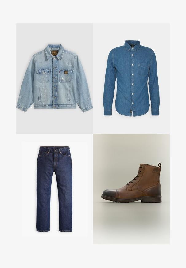 Lichtblauwe spijkerjas met knopen aan de voorkant, twee borstzakken, zijzakken en verweerde verfspetterdetails op mouwen en voorkant.; DOCKERS ORIGINAL SLIM - Overhemd - blue; Donkerblauwe straight-leg denim jeans met een voorste knoop, ritsopening, vijf zakken en koperen klinknageldetails.; Bruine leren enkellaars met veters, zwarte neuskap, ronde zool en merkdetail aan de zijkant tegen een effen achtergrond.