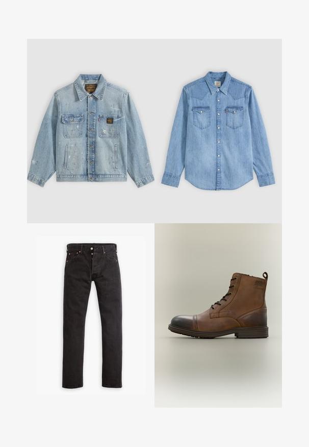 Lichtblauwe spijkerjas met knopen aan de voorkant, twee borstzakken, zijzakken en verweerde verfspetterdetails op mouwen en voorkant.; Lichtblauw denim overhemd met lange mouwen, puntkraag, twee borstzakken met kleppen en witte drukknoopjes aan de voorkant.; Zwarte slim-fit jeans met knoopsluiting, vijf zakken en koperen klinknagels, plat gelegd op een witte achtergrond.; Bruine leren enkellaars met veters, zwarte neuskap, ronde zool en merkdetail aan de zijkant tegen een effen achtergrond.