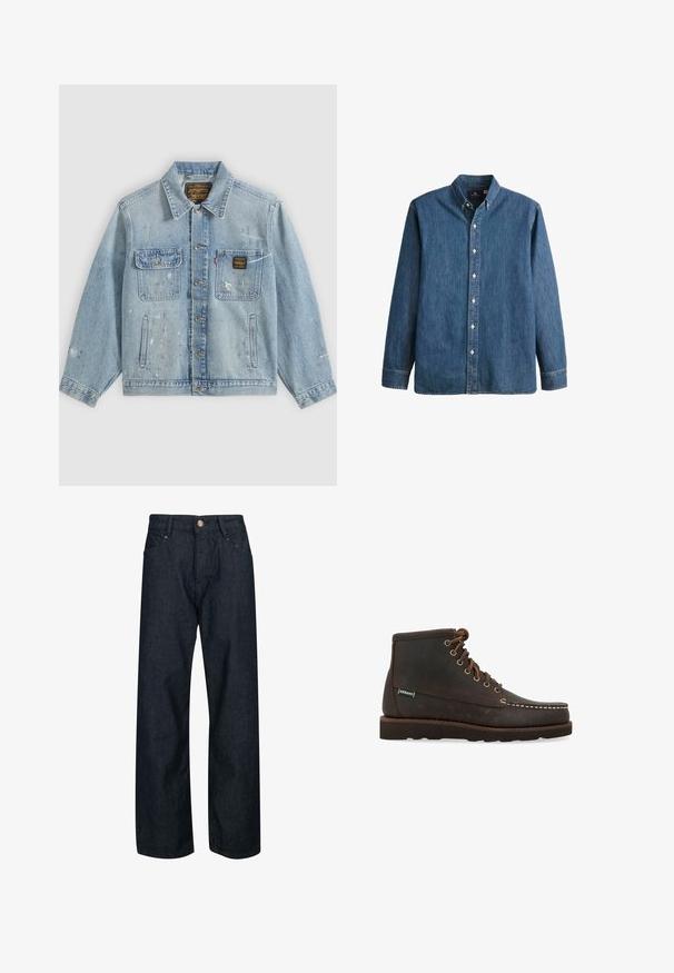 Lyseblå denimjakke med knapper foran, to brystlommer, sidelommer og slidte malingsprøjt detaljer på ærmer og front.; Denim button-up skjorte i mellemblå, med lange ærmer, spidse kraver, hvide knapper og en tætsiddende pasform med diskret logo broderi.; Mørkeblå denim jeans med lige pasform, der har knaplukning, fem lommer og kontrastsyninger på sømmene.; Sebago Snørestøvletter - marrone