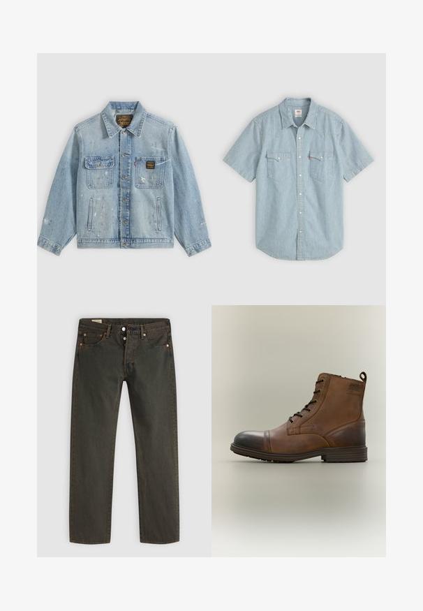 Veste en denim bleu clair avec fermeture à boutons, deux poches poitrine, poches latérales et détails usés avec éclaboussures de peinture sur les manches et le devant.; Chemise à manches courtes bleu clair à rayures blanches, dotée d'un col traditionnel, de deux poches poitrine et d'une fermeture à boutons. Matière coton.; Jean en denim vert foncé, avec une coupe droite, cinq poches, des éléments en métal cuivre et un léger délavage.; Botte cheville en cuir marron à lacets avec bout noir, semelle ronde et détail de marque sur le côté sur fond uni.