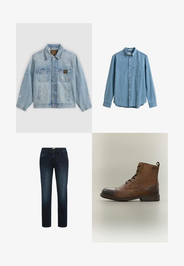 Lyseblå denimjakke med knapper foran, to brystlommer, sidelommer og slidte malingsprøjt detaljer på ærmer og front.; Lyseblå denimskjorte med lange ærmer, knapper foran, brystlomme, knappet krave og hvide knapper.; Mørk vaskede denimjeans med lige ben, der har fem lommer, knaplukning og subtil fading langs lårene.; Brun læderstøvle med snørebånd, sort tåhætte, rund sål og mærket detalje på siden mod ensfarvet baggrund.