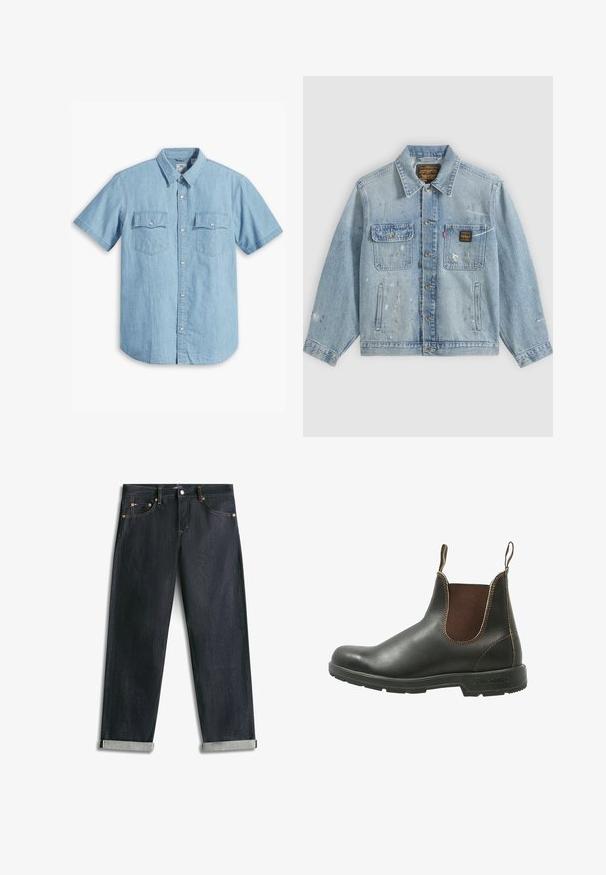 Light blue denim jacket with button front, two chest pockets, side pockets, and distressed paint splatter details on sleeves and front.; Light blue short-sleeve button-up shirt made of denim, featuring two chest pockets with vertical stitching and a classic collar.; Dark blue denim jeans with rolled cuffs, five pockets, and contrast stitching, laid flat on a white background.; Chelsea boot made of smooth black leather with brown elastic side panels, contrasting stitching, and a textured rubber sole.