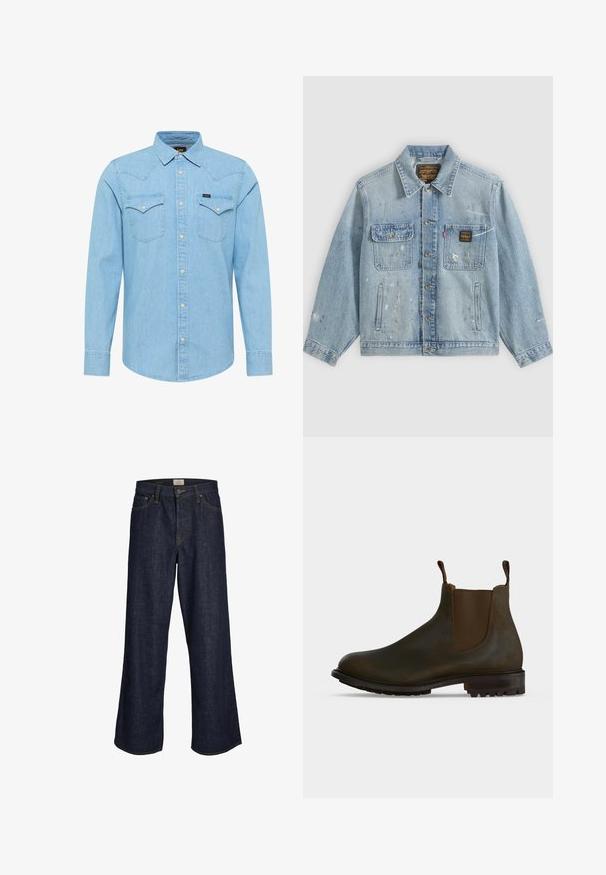 Veste en denim bleu clair avec fermeture à boutons, deux poches poitrine, poches latérales et détails usés avec éclaboussures de peinture sur les manches et le devant.; Chemise en denim bleu clair à manches longues avec fermeture à boutons, deux poches poitrine à boutons, col pointu et petit logo Lee sur la poche gauche.; Jeans en denim bleu foncé à jambes larges, avec une fermeture éclair à l'avant, cinq poches et des coutures contrastées. Les extrémités sont effilochées.; Bottine Chelsea en cuir marron foncé avec panneaux latéraux élastiques, languettes à la cheville et semelle en caoutchouc crantée.