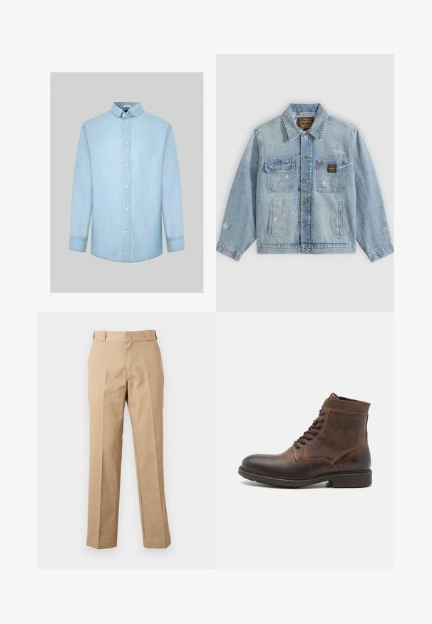Hellblaue Jeansjacke mit Knopfleiste vorne, zwei Brusttaschen, Seitentaschen und abgenutzten Farbspritz-Details an Ärmeln und Vorderseite.; Helle blaue Jeanshemd mit langen Ärmeln, knöpfbarem Kragen, vorderen Knöpfen und einer glatten, gleichmäßigen Textur. Keine Muster oder zusätzlichen Akzente.; Beige gerade Hose mit Gürtelschlaufen, vorderem Reißverschluss und gebügelten Bügelfalten, vor weißem Hintergrund dargestellt.; Jack & Jones JFWDELANEY BOOT - Schnürstiefelette - cognac