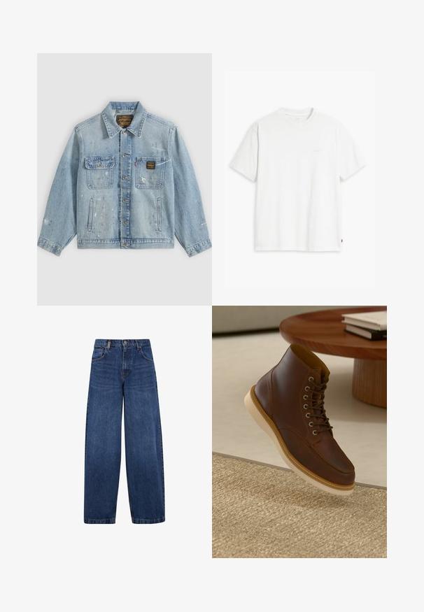 Lichtblauwe spijkerjas met knopen aan de voorkant, twee borstzakken, zijzakken en verweerde verfspetterdetails op mouwen en voorkant.; Wit katoenen T-shirt met korte mouwen, ronde hals en een subtiel "Levi's" logo in een lichte kleur op de voorkant gedrukt.; Wijdvallende blauwe denim jeans met een klassiek vijf-pocket ontwerp, knoopsluiting en een licht vervaagde textuur. Stevige stikdetails.; Bruine leren enkelboot met beige zool op een gestructureerd beige vloerkleed naast een ronde houten tafel met opgestapelde boeken.