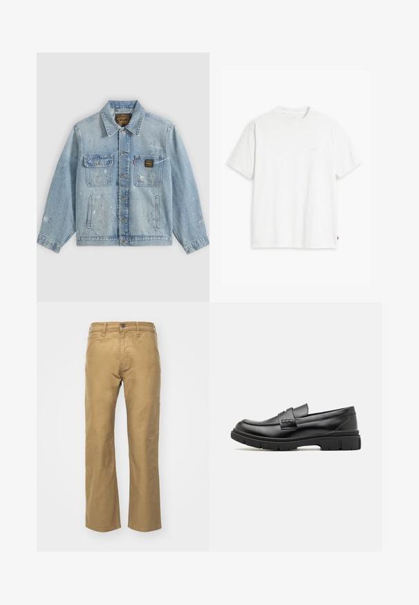 Lichtblauwe spijkerjas met knopen aan de voorkant, twee borstzakken, zijzakken en verweerde verfspetterdetails op mouwen en voorkant.; Wit katoenen T-shirt met korte mouwen, ronde hals en een subtiel "Levi's" logo in een lichte kleur op de voorkant gedrukt.; Khaki broek van katoen. Rechte pasvorm met een tailleband en voorzakken. Heeft een enkele achterzak en subtiele stikdetails.; Zwarte leren instapper met een brede band over de voet, rubberen zool met dikke noppen en een gladde textuur. Klassiek, strak ontwerp.