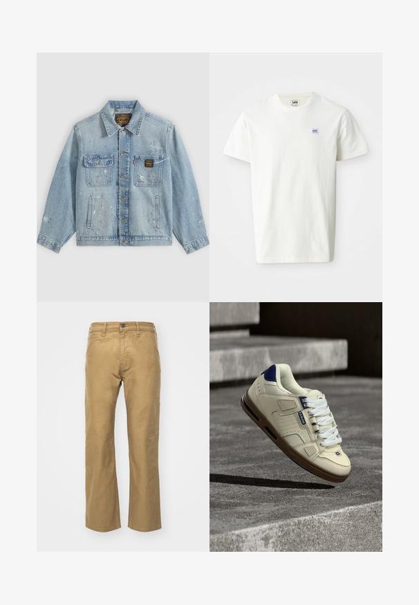 Lyseblå denimjakke med knapper foran, to brystlommer, sidelommer og slidte malingsprøjt detaljer på ærmer og front.; Hvid bomulds T-shirt med rund hals og korte ærmer. Viser et lille rektangulært lilla og blå Lee-logo på venstre bryst.; Khaki bukser lavet af bomuld. Lige pasform med en talje og forlommer. Har en enkelt baglomme og diskrete syninger.; Krem- og marineblå sneaker med brun sål, hvide snørebånd og "Globe"-logo, svævende over teksturerede betontrin i en skyggefuld udendørs omgivelser.