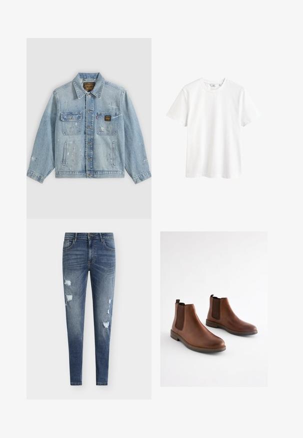 Lyseblå denimjakke med knapper foran, to brystlommer, sidelommer og slidte malingsprøjt detaljer på ærmer og front.; Hvid kortærmet t-shirt med rund halsudskæring og en lille mærkeetiket indeni kraven.; Smaltsiddende blå denimjeans med slidte detaljer, flere revner og en falmet vask. Har fem-lomme-design og bæltestropper.; Brune læderankelstøvler med elastiske sidestykker, rundet tå og en lagdelt hæl. Glat tekstur med kontrasterende brune accenter.