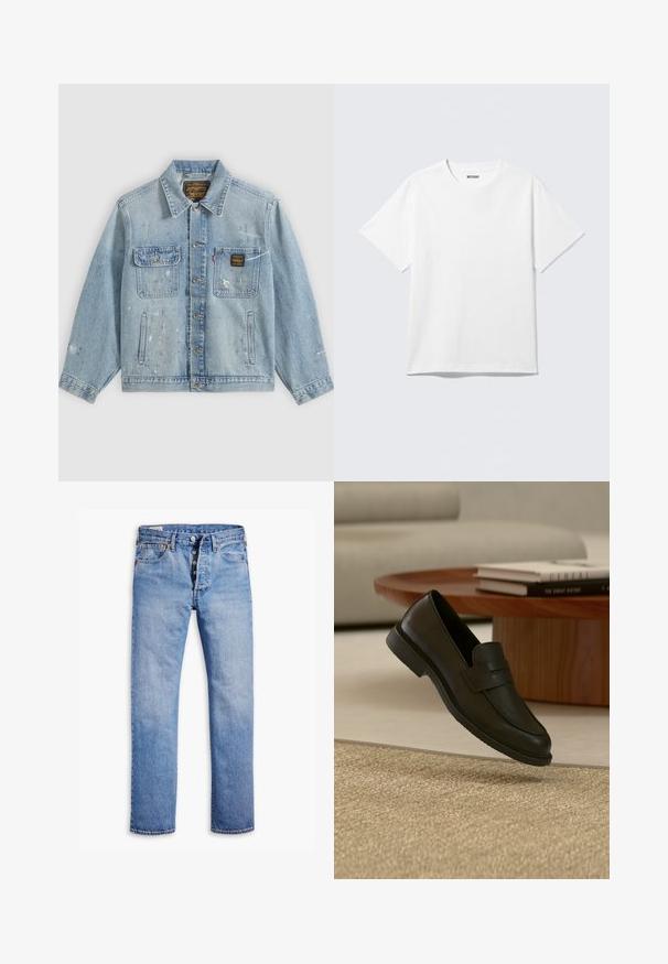 Hellblaue Jeansjacke mit Knopfleiste vorne, zwei Brusttaschen, Seitentaschen und abgenutzten Farbspritz-Details an Ärmeln und Vorderseite.; Weißes T-Shirt mit kurzen Ärmeln und Rundhalsausschnitt, flach liegend, schlichtes Design, mit „WEEKDAY“-Etikett innen im Kragen auf hellem Hintergrund.; Helle blaue Jeans mit geradem Bein, Fünf-Knopf-Verschluss, Gürtelschlaufen und dezentem Verblassen. Verfügt über zwei Fronttaschen und kupferfarbene Nieten.; Schwarzer Lederloafer-Schuh schwebt über einem beige gewebten Teppich, mit einem Holztisch und gestapelten Büchern in einem sanft beleuchteten Wohnzimmer.