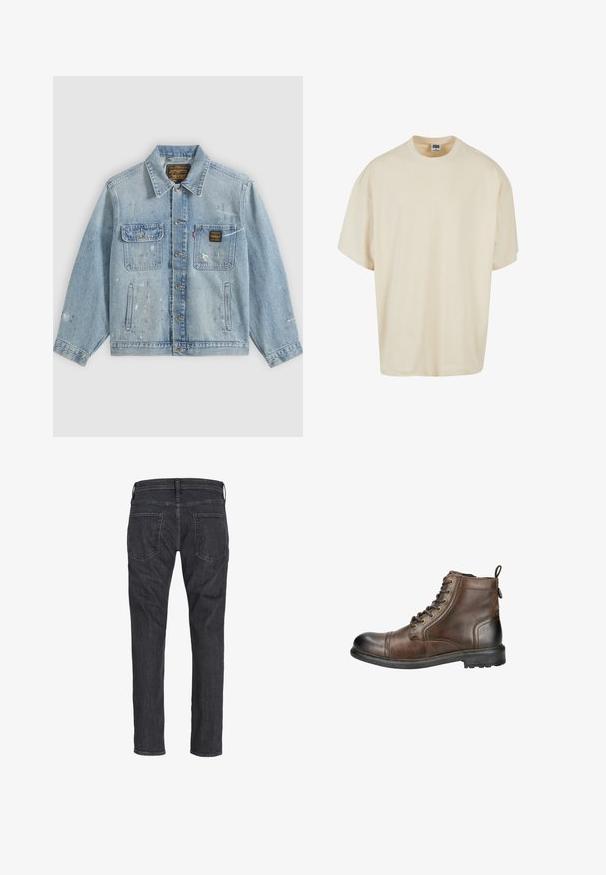 Lyseblå denimjakke med knapper foran, to brystlommer, sidelommer og slidte malingsprøjt detaljer på ærmer og front.; Cremefarvet t-shirt med korte ærmer, afslappet pasform og rund halsudskæring; lavet af blødt bomuld med subtile syningsdetaljer.; Mørkegrå jeans med lige ben, vist bagfra med to baglommer og bæltestropper på linningen.; Brune læder ankelstøvle med rund tå, snørebånd fortil og et hævet træk ved hælen. Har en robust sål med mønster for godt fodfæste.