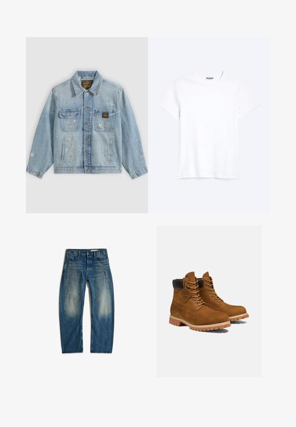 Veste en denim bleu clair avec fermeture à boutons, deux poches poitrine, poches latérales et détails usés avec éclaboussures de peinture sur les manches et le devant.; T-shirt blanc uni à manches courtes et col rond avec une étiquette de la marque WEEKDAY visible au niveau du col, présenté sur un fond clair.; Jean en denim bleu avec un lavage délavé sur les cuisses, cinq poches et une fermeture par bouton et fermeture éclair, posé à plat sur un fond blanc.; Bottines en daim marron avec un col rembourré noir, œillets dorés et semelle en caoutchouc épais avec un motif à crampons pour l'adhérence.