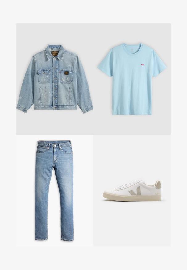 Lyseblå denimjakke med knapper foran, to brystlommer, sidelommer og slidte malingsprøjt detaljer på ærmer og front.; Lyseblå T-shirt med korte ærmer og rund halsudskæring med lille rødt Levi's-logo på venstre bryst.; Lyseblå denim jeans med straight-leg design, fem lommer, kontrasterende syninger og en knap- og lynlåslukning i taljen.; Hvide lædersneakers med beige detaljer, flad gummisål, rund tå og kontrasterende logo på siden og bagsiden. Snørebåndsdesign.