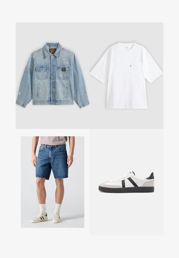 Lyseblå denimjakke med knapper foran, to brystlommer, sidelommer og slidte malingsprøjt detaljer på ærmer og front.; Hvid bomulds-T-shirt med korte ærmer, rund hals og lomme på venstre bryst. Har en lille rød logoetiket på lommen.; Mand iført blå denimshorts i midterlængde, hvide sokker og hvide sneakers med mørkegrønne striber på en lys baggrund.; Hvide sneakers med sorte og grå detaljer, med en tekstureret grå tåhætte, sort gummisål og flade hvide snørebånd. Rent design, minimalistisk stil.